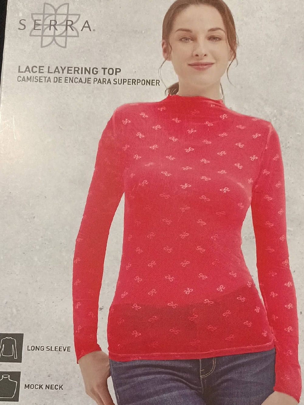 Serra Red Lace Layering Mock Neck Long Sleeve Top